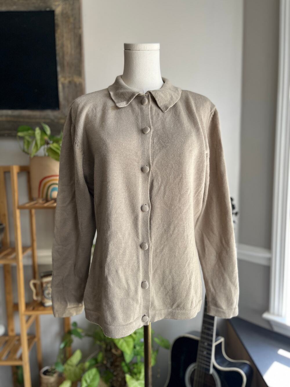 Vintage 90s Collared Cardigan Sweater Tan Wool Preppy Cottage Size Large